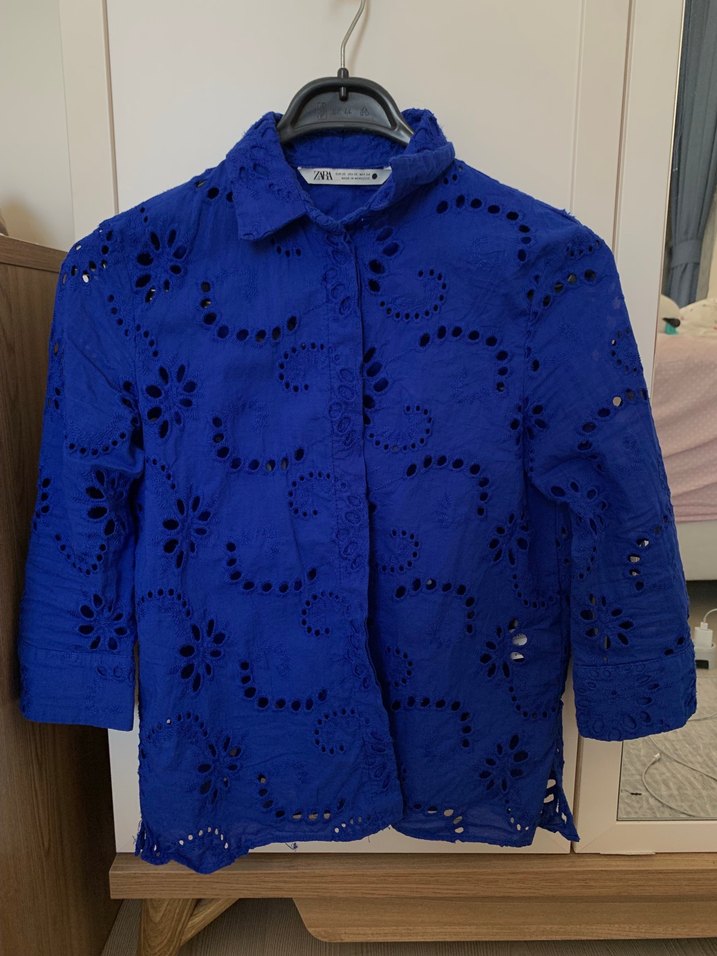 ZARA FİSTO İşlemeli Mavi Kısa Poplin Gömlek - Görsel 3