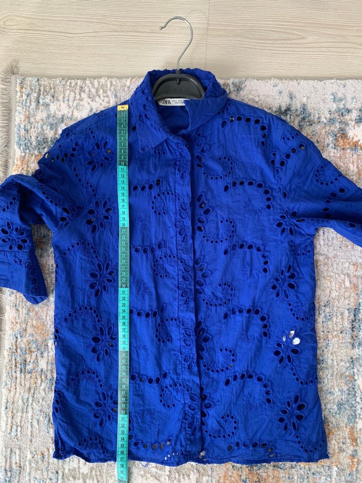 ZARA FİSTO İşlemeli Mavi Kısa Poplin Gömlek - Görsel 5