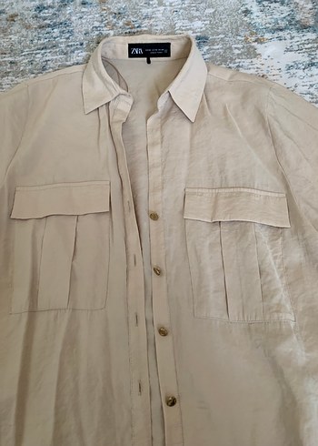 ZARA ÖN CEPLİ Bej Uzun Kollu Düğmeli Gömlek - Görsel 4