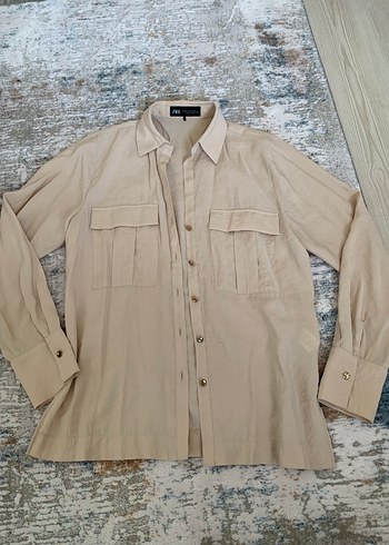 ZARA ÖN CEPLİ Bej Uzun Kollu Düğmeli Gömlek - Görsel 3