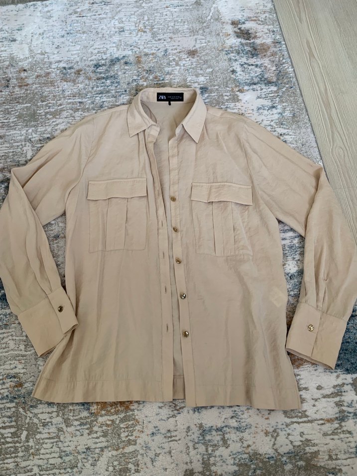 ZARA ÖN CEPLİ Bej Uzun Kollu Düğmeli Gömlek - Görsel 3