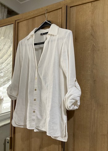 Beyaz Keten Karışımlı Kadın Gömlek - Görsel 6