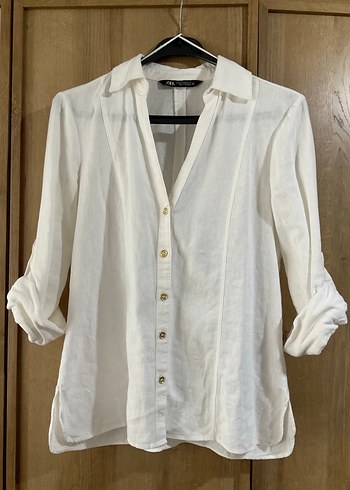 Beyaz Keten Karışımlı Kadın Gömlek - Görsel 3