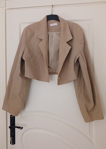 Bej Keten Düğmeli Kadın Blazer Ceket