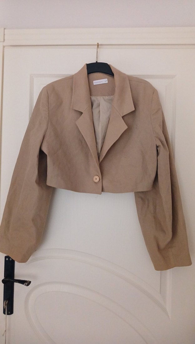 Bej Keten Düğmeli Kadın Blazer Ceket - Görsel 4