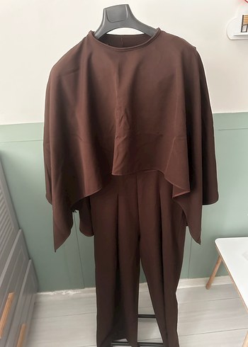 Uzun Kollu Kahverengi Kadın Tulum - Görsel 3