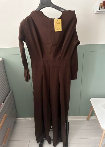 Uzun Kollu Kahverengi Kadın Tulum - Görsel 2