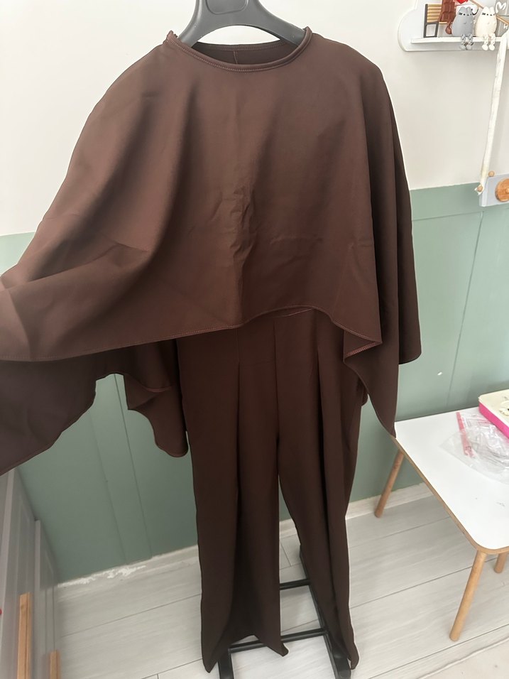 Uzun Kollu Kahverengi Kadın Tulum - Görsel 5