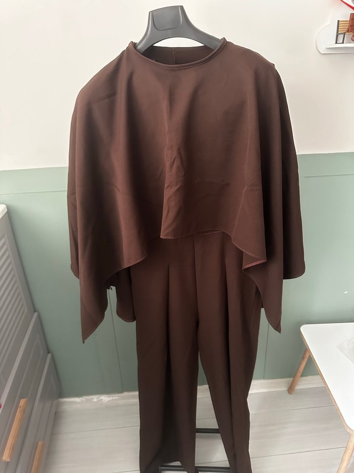 Uzun Kollu Kahverengi Kadın Tulum - Görsel 3