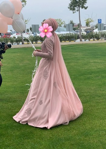 Pudra Pembe Çiçekli Uzun Drapeli Nişan Elbisesi - Görsel 6