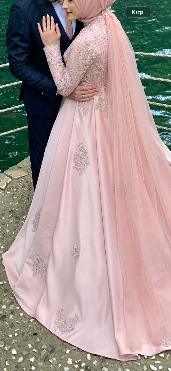 Pudra Pembe Çiçekli Uzun Drapeli Nişan Elbisesi - Görsel 5