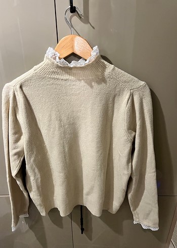 Bej Yüksek Yaka Örgü Kadın Kazak - Görsel 5