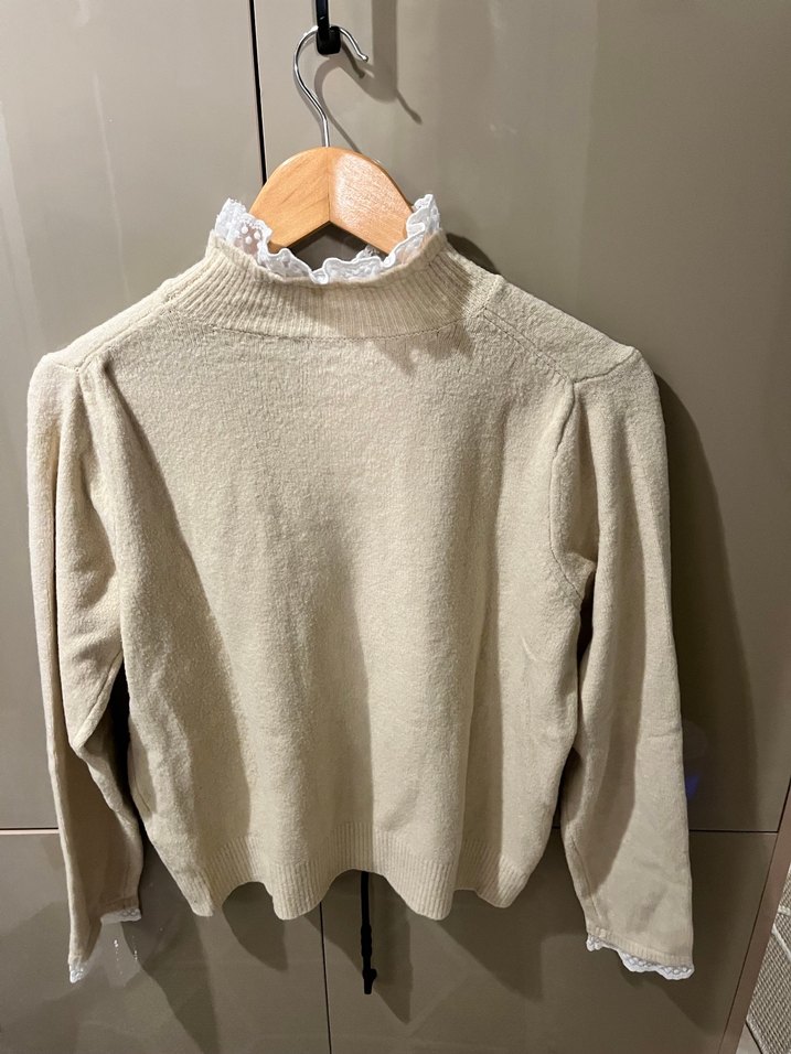 Bej Yüksek Yaka Örgü Kadın Kazak - Görsel 5