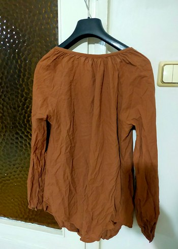 Düğmeli V Yaka Keten Kadın Gömlek adl - Görsel 4