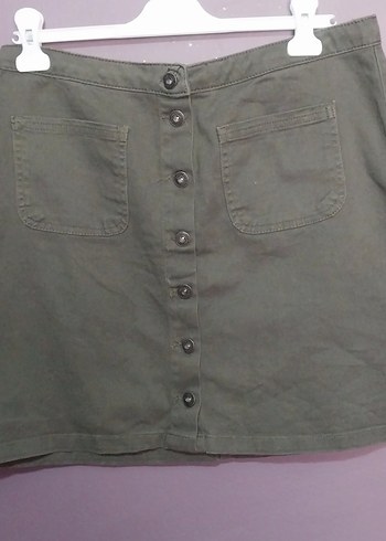 Düğmeli Haki Midi Denim Etek