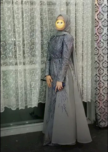 42 Beden gri Renk Gri Yılan Desenli Uzun Kollu Tesettür Abiye