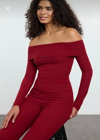 Bordo Triko Uzun Tulum, Omuzları Açık - Görsel 2