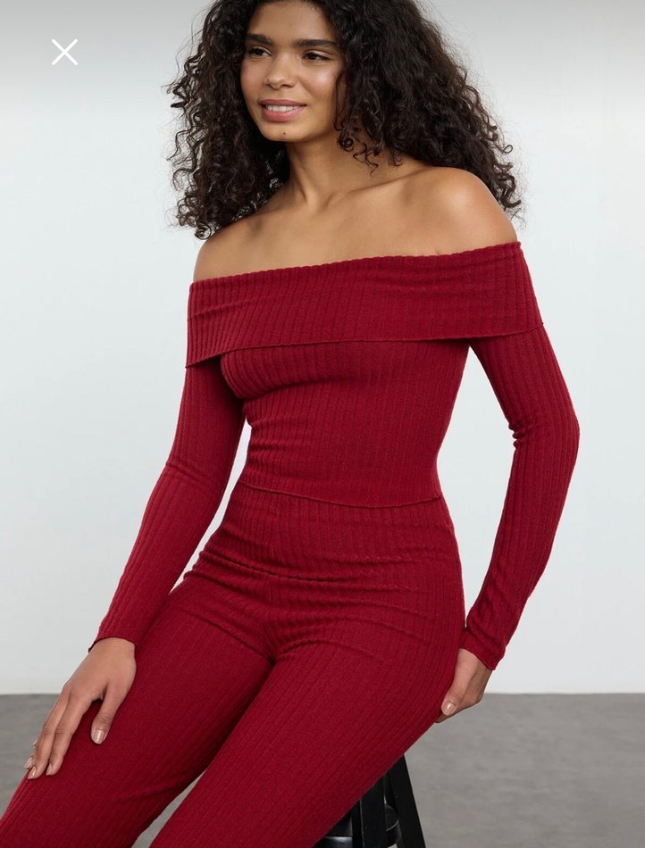 Bordo Triko Uzun Tulum, Omuzları Açık - Görsel 2