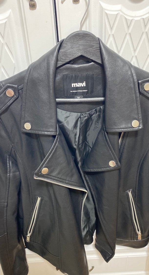 Kadın Siyah Deri Biker Ceket - Görsel 2