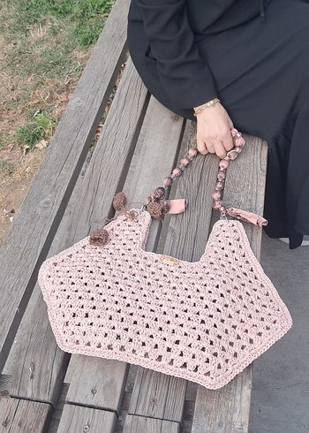 Dantel Detaylı Pembe Örgü Kadın Çanta
