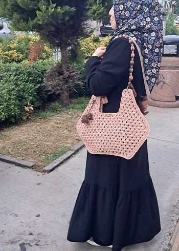 Beden pembe Renk Dantel Detaylı Pembe Örgü Kadın Çanta