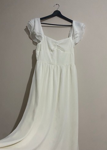 Fırfırlı Beyaz Uzun Keten Elbise - Görsel 2