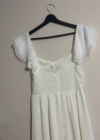 Fırfırlı Beyaz Uzun Keten Elbise - Görsel 3