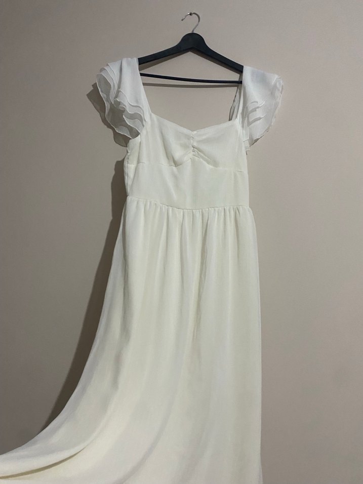 Fırfırlı Beyaz Uzun Keten Elbise - Görsel 2
