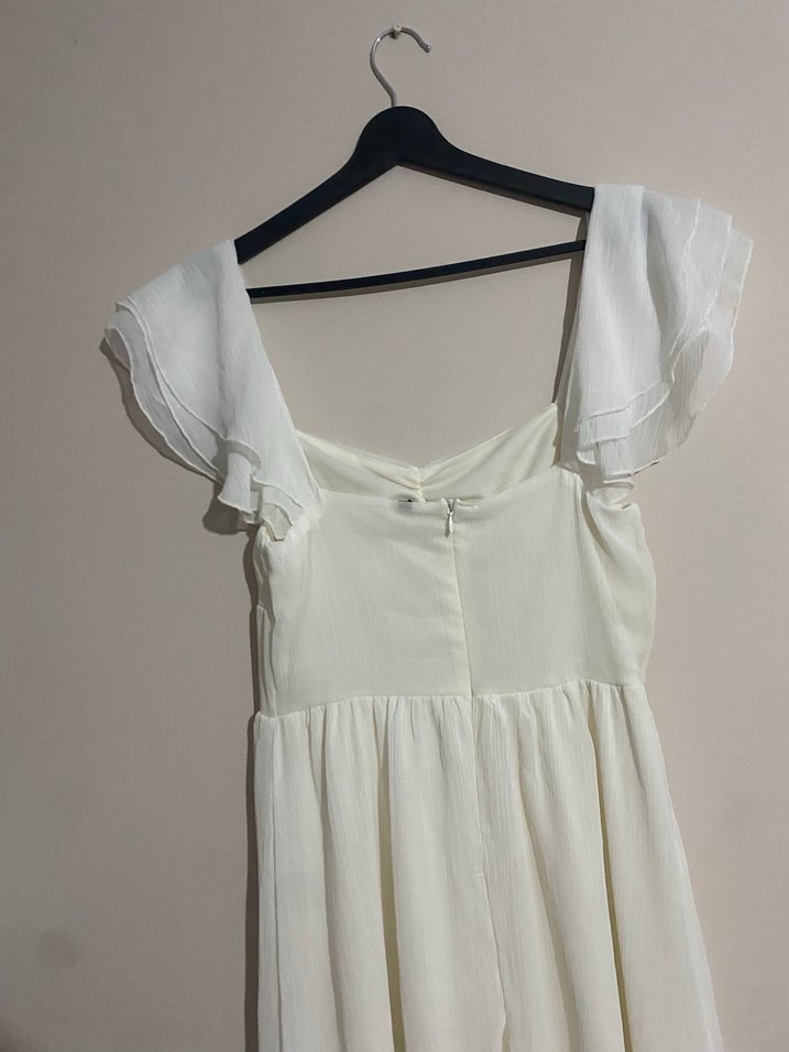 Fırfırlı Beyaz Uzun Keten Elbise - Görsel 3