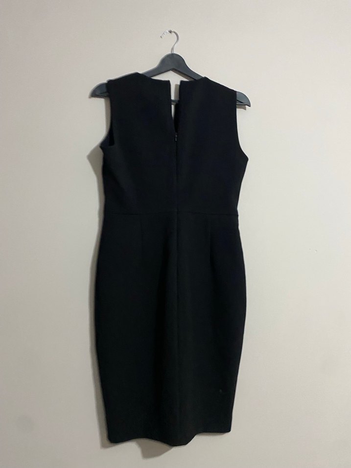 Siyah Midi V Yaka Kolsuz Ofis Elbisesi - Görsel 2