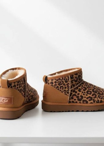 37 Beden kahverengi Renk UGG ultra mini Kürklü Leopar Desenli Kahverengi