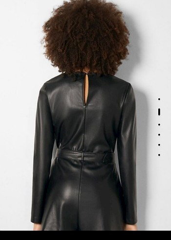 Siyah Deri Kemerli Mini Tulum - Görsel 3