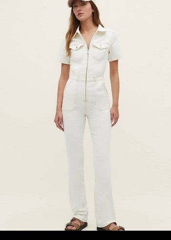 Kadın Beyaz Denim Midi Tulum - Görsel 3