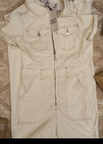 Kadın Beyaz Denim Midi Tulum - Görsel 8