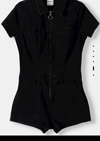 Siyah Kısa Denim Tulum Kemerli V Yakalı - Görsel 5