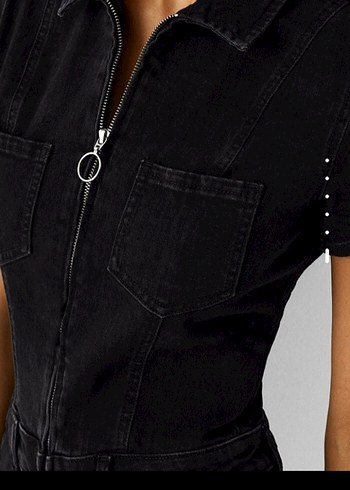 Siyah Kısa Denim Tulum Kemerli V Yakalı - Görsel 6