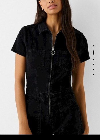 Siyah Kısa Denim Tulum Kemerli V Yakalı - Görsel 3