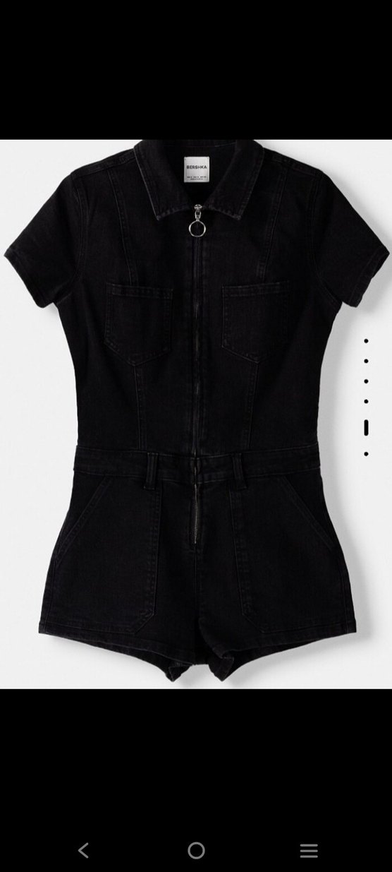 Siyah Kısa Denim Tulum Kemerli V Yakalı - Görsel 5