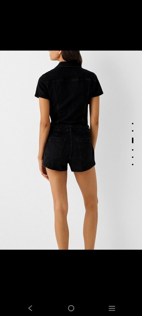 Siyah Kısa Denim Tulum Kemerli V Yakalı - Görsel 4