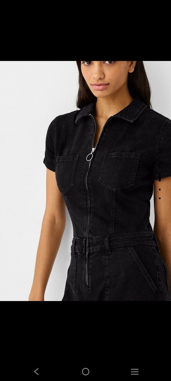 Siyah Kısa Denim Tulum Kemerli V Yakalı - Görsel 2