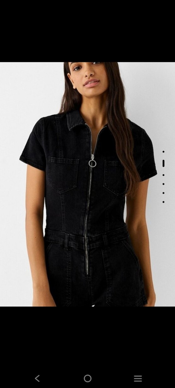 Siyah Kısa Denim Tulum Kemerli V Yakalı - Görsel 3