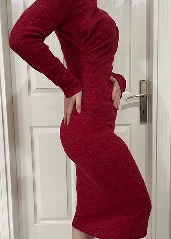 Bordo Yüksek Yakalı Kadın Triko Elbise - Görsel 2