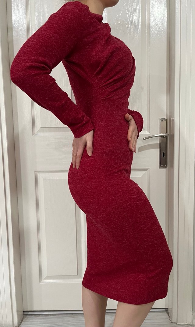 Bordo Yüksek Yakalı Kadın Triko Elbise - Görsel 2