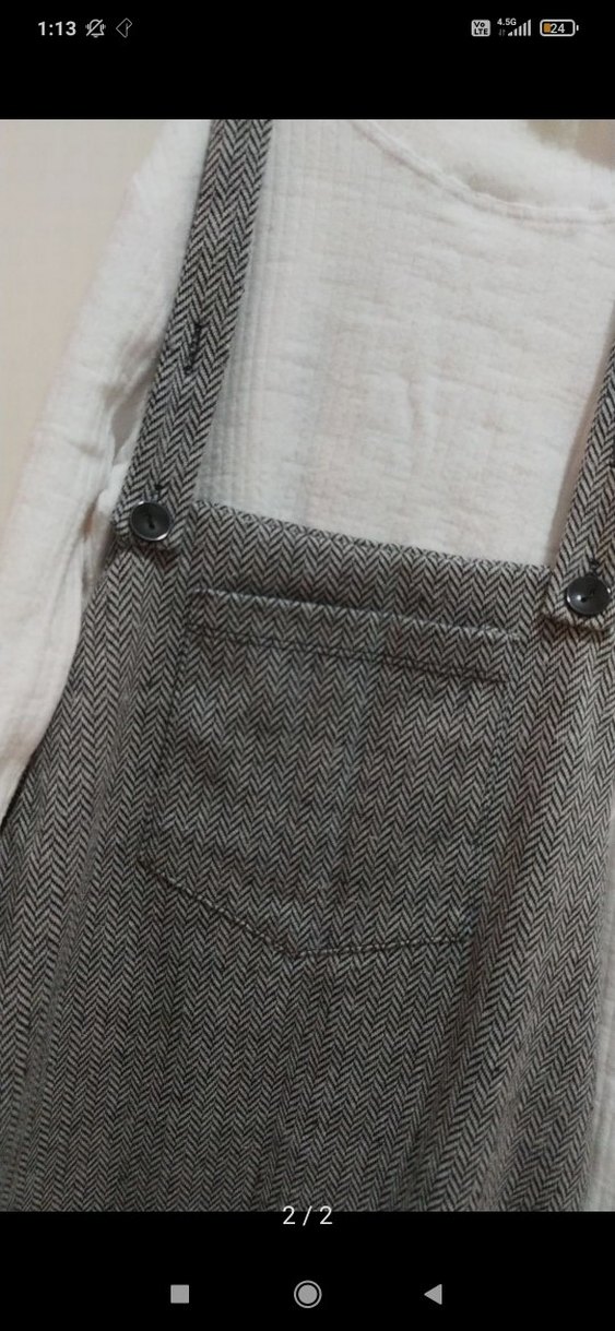 Gri Midi Örme Keten Kadın Salopet - Görsel 2