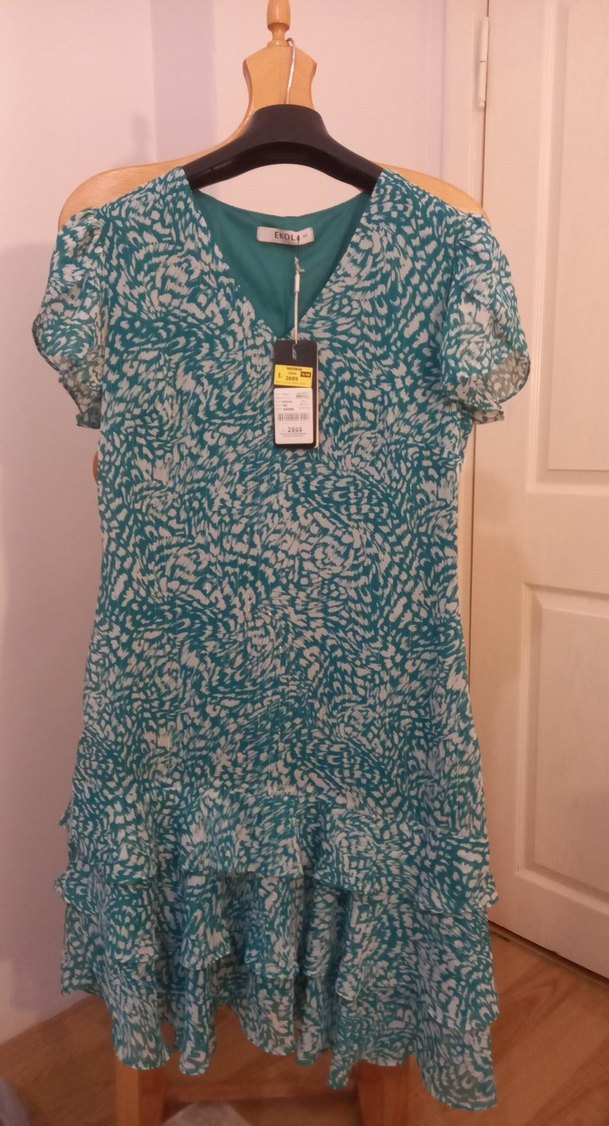 Turkuaz V Yaka Midi Elbise - Görsel 2