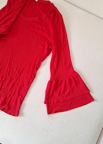 Kırmızı V Yakalı Uzun Kollu penye  Bluz - Görsel 3