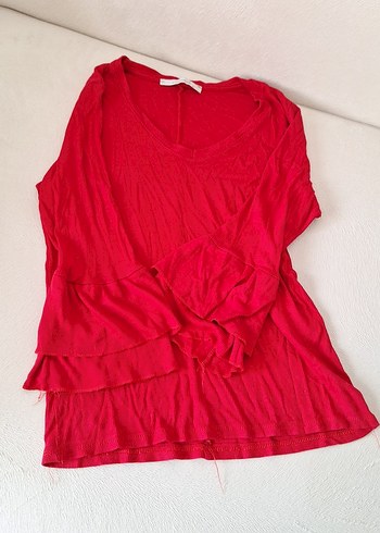 Kırmızı V Yakalı Uzun Kollu penye  Bluz - Görsel 2