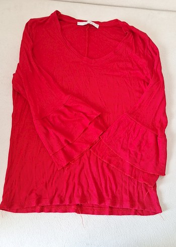 Kırmızı V Yakalı Uzun Kollu penye  Bluz - Görsel 4