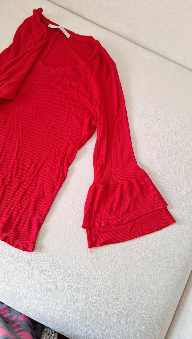 Kırmızı V Yakalı Uzun Kollu penye  Bluz - Görsel 3