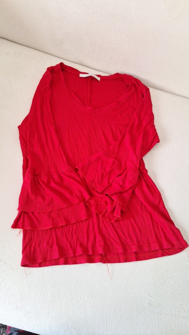 Kırmızı V Yakalı Uzun Kollu penye  Bluz - Görsel 2